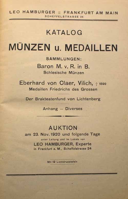 Literatura. Katalog aukcyjny „Münzen u. Medaillen” Leo Hamburger z 23 listopada 1920 r.